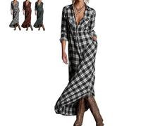 Générique Womens Vintage Plaid Shirt Dress Long Sleeve V Neck Button Down Dresses Casual Plaid Maxi Dress with Pockets 2026 New (Black,Grand)