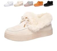Générique Womens Winter Warm Bow Suede Platform Snow Boots, Fur Lined Ankle Loafers Slip on Fuzzy Lightweight Casual Flat Boots (Beige Low Top,37)