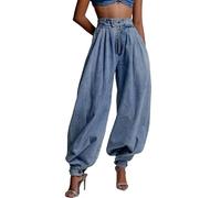 Générique Women's Y2k Baggy Harem Jeans Boyfriend Wide Leg Balloon Jeans Zip Up Pleated Denim Tapered Leg Trousers Pants (Blue,Grand)