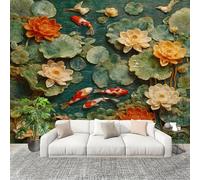 Générique XXL HD Amovible Papier Peint Photo Carpes Koï Et Lotus SculptéS Intissé Décoration Papier Peint 200x140 cm Vert Clair Facile à Installer Raccordement sans Couture Amovible Fresque Murale