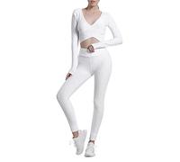 Générique Yoga Sans Couture Manches Courtes Ensemble Femme, Jambes Longues Sport Fitness, Léger Entraînement Bien Être Tenue Sport Femme(White, XXL)