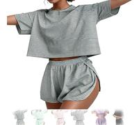 Générique Zalora 2 Piece Short Split, Summer Pajama Sets for Women, 2 Piece Shorts Split Loungewear, Zaloraessentials Pajamas (Gray,Grand)