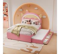 Generisch 140 x 200 cm - Lit pour enfant - En forme de licorne - Avec lit gigogne - En polyuréthane - Éclairage d'ambiance LED télécommandé - Rose