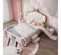 Generisch 140 x 200 cm - Lit pour enfant - Motif dessin animé - Avec lumière LED changeante de couleur - Télécommande - Équipé d'un toboggan et d'une échelle - Matériau PU - Belle forme - Rose + blanc