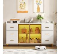 Generisch 160 × 44 × 87 cm, blanc, armoire de cuisine moderne, buffet, 6 tiroirs/portes en verre, éclairage d'ambiance à télécommande et poignées en métal doré, convient pour la cuisine, le salon, la