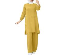 Generisch 2008 Ensemble 2 pièces pour femme - Chemise à manches longues avec boutons - Pantalon - Abaya - Robe décontractée - Tenue Dubaï - Pole Dance, jaune, 4XL
