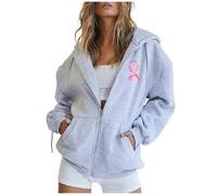 Generisch 2024 Nouvelle Femme Automne et Hiver Cancer du sein Bande de Plume Imprimé-Fermeture à Glissière à Manches Longues Poches Cordon de Serrage-Sweatshirt à Capuche Sport Décontracté, Gris clair