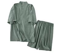 Generisch 2025 2023 Coton Lavé Grande Taille Short Manches Courtes Kimono Homestays Hommes Été Mince Pyjamas Ensemble Flanelle Pantalon de Pyjama Homme Hiver, vert, L