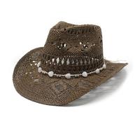 Generisch 2025 - Chapeau de cowboy occidental d'été pour homme et femme Chapeau de paille malléable Chapeau de soleil creux Chapeau de soleil garçon Protection du cou, marron, taille unique