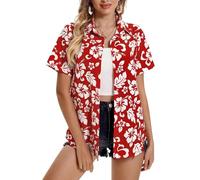 Generisch 2025 Chemises boutonnées décontractées à manches courtes pour femme Imprimé floral Chemisier d'été Tunique Top à manches longues Chemisiers, rouge, 3XL