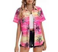 Generisch 2025 Chemises boutonnées décontractées à manches courtes pour femme Imprimé floral Chemisier d'été Tunique Top S Femme, Rose, XXL