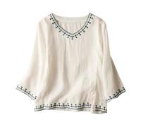 Generisch 2025 Chemisier vintage brodé à manches sept quarts - Chemise décontractée légère en coton et lin pour femme - Coupe ample - Haut de style rétro - Chemisier à pois pour femme, Blanc., XL