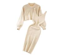 Generisch 2025 Convient pour femme, robe tricotée, deux pièces, pull, haut, robe moulante, ensemble 2 pièces, pull, robe midi, ensemble de robes tricotées pour femme, beige, taille unique