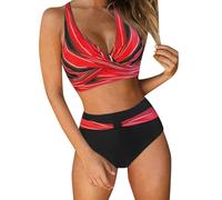 Generisch 2025 Ensemble bikini taille haute push-up Maillot de bain deux pièces rétro froncé taille haute imprimé noir hommes, rouge, M