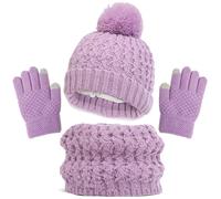 Generisch 2025 Ensemble bonnet d'hiver, gants, écharpe, pour fille, tout-petit, avec pompon, cache-cou, guêtre, moufles, doublés en polaire, ensemble de tracteur, écharpe, lilas, 1-6 ans