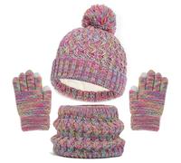 Generisch 2025 Ensemble bonnet d'hiver pour enfant avec bonnet, gants, écharpe, bonnet avec pompon en tricot, guêtre, moufles doublées en polaire, ensemble de tracteur écharpe, Rose, 1-6 ans