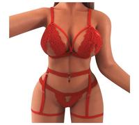 Generisch ~2025 Ensemble de lingerie avec broderie florale en maille filet à armatures transparentes porte-jarretelles push-up pour femme Lingerie Body, rouge, M