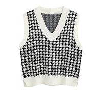Generisch 2025 Femmes Casual Imprimé Sans Manches Col en V Côtelé Fendu Pull Pull Gilet Blouse Cardigan Bleu Foncé Femme, Blanc., M