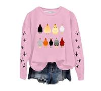 Generisch 2025 Femmes Casual Manches Longues Col Rond Sweatshirts avec Poules Graphique Imprimé Pull Sweatshirts Top Blouse Franges Pull, Rose, XL