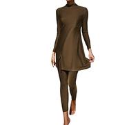 Generisch 2025 Femmes Été Burkini Musulmane Féminin Deux Pièces Maillot de Bain Manches Longues Plage Maillot de Bain avec Plissé Tange, marron, L