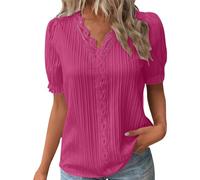 Generisch 2025 Femmes Été Dentelle Col V Couleur Unie Dentelle Élégante Chemise Mode Couleur Unie Élégant Chemisier Manches Courtes Confortable Doux T Cardigan de Noël Femme, Rose, M