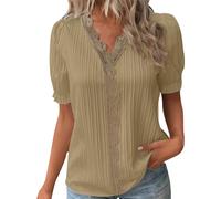 Generisch 2025 Femmes Été Dentelle Col V Couleur Unie Dentelle Élégante Chemise Mode Couleur Unie Élégant Chemisier Manches Courtes Confortable Doux T Cardigan de Noël Femme, or, M