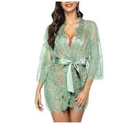 Generisch 2025 Femmes Manches Longues Dentelle Ceinture Lingerie Pyjama Vêtements de Nuit Lingerie Pour Elle, Vert menthe., S