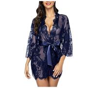 Generisch 2025 Femmes Manches Longues Dentelle Ceinture Lingerie Pyjama Vêtements de Nuit Lingerie Pour Elle, bleu, XL