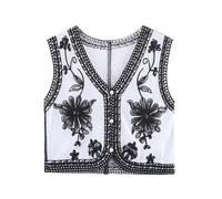 Generisch 2025 Gilet sans manches élégant pour femme avec broderie florale, cardigan bohème décontracté avec col en V ouvert sur le devant pour le quotidien, manteau à double boutonnage pour femme