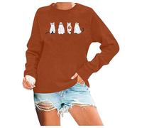 Generisch 2025 Halloween Sweatshirt Femme Chat Halloween Noël Drôle Graphique Chat Manches Longues Pull Col Rond Pull Rétro Femme, marron, L