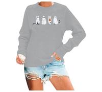 Generisch 2025 Halloween Sweatshirt Femme Chat Halloween Noël Drôle Graphique Chat Manches Longues Pull Col Rond Pull Rétro Femme, gris, XL
