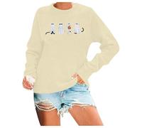 Generisch 2025 Halloween Sweatshirt Femme Chat Halloween Noël Drôle Graphique Chat Manches Longues Pull Col Rond Pull Rétro Femme, beige, L