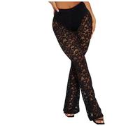 Generisch 2025 Legging taille haute pour femme en dentelle, collants extensibles transparents avec design à volants bas autofixants couleur chair, Noir , S