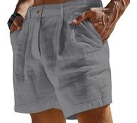 Generisch 2025 Nouveau short en lin pour homme, couleur unie, short de plage d'été pour homme, bouton décontracté avec taille élastique, gris, XL