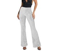 Generisch 2025 Pantalon à paillettes scintillantes pour femme, taille haute, jambes larges, pantalon évasé, vêtements de boîte de nuit, VTT pour femme, pantalon court, Blanc., XL
