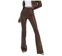 Generisch 2025 Pantalon en cuir synthétique taille haute pour femme, couleur unie, PU brillant, coupe ajustée, pantalon évasé pour homme, marron, S