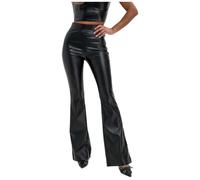 Generisch 2025 Pantalon en cuir synthétique taille haute pour femme, couleur unie, PU brillant, coupe ajustée, pantalon évasé pour homme, Noir , XL