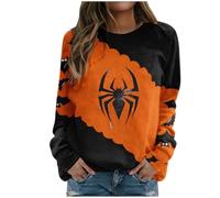 Generisch 2025 Pull Halloween Sweat-shirt pour B Femmes Halloween Imprimé O-Neck Sweatshirt Col Rond Fit Pull Tops Casual Manches Longues Entraînement Chemises Femmes Vêtements, Orange, S
