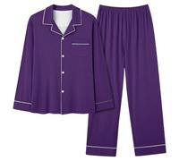 Generisch 2025 - Pyjama long décontracté uni pour femme avec col en V et poche string pour homme, Violet foncé., XXL
