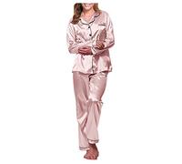 Generisch 2025 - Pyjama long pour femme - Ensemble de pyjamas en satin - Sous-vêtements en satin - Ensemble de slips, Rose, XXL