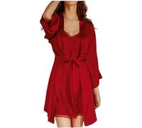 Generisch 2025 Robe de chambre en satin pour femme avec chemise de nuit, vêtements de nuit deux pièces, peignoir, ensemble de nuisette courte en soie lingerie pour femme, rouge, XL