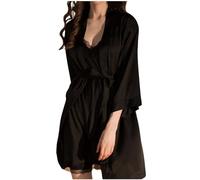 Generisch 2025 Robe de chambre en satin pour femme avec chemise de nuit, vêtements de nuit deux pièces, peignoir, ensemble de nuisette courte en soie lingerie pour femme, Noir , M