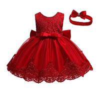 Generisch 2025 Robes Bébé Dentelle Bowknot Princesse Mariage Formel Tutu Robe + Bandeau Ensemble Vêtements Caractéristiques, rouge, 12-18 mois