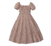 Generisch 2025 Robes d'été pour filles garçons femmes col carré motif floral style manches bouffantes ambiance vacances à la plage robe longue cintrée, marron, 12-13 ans