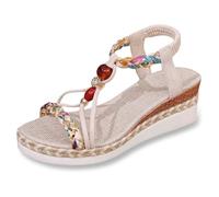 Generisch 2025 Sandales à talons compensés tissés pour femme Bout rond Bande élastique pour l'été avec semelle épaisse Sandales à talons d'été pour femmes Sangle inférieure à 20, beige, 37 EU