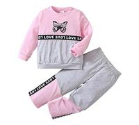 Generisch 2026 Bébé Fille Manches Longues Papillon Lettre Imprimés Patchwork Couleur Hauts Pantalons Deux Pièces Casual Sport Tenues Ensemble pour Enfants Vêtements, Rose, 3-4 ans