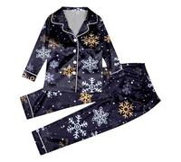 Generisch 2026 Bequemer, langärmliger Familien-Pyjama Seide, 2-Teiliges Set (Kinder), Bleu marine, 11-12 años
