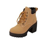 Generisch 2026 Bottines tendance à talon épais pour femme - Bottines à lacets confortables et décontractées en cuir pour le quotidien, jaune, 38 EU