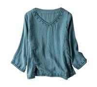 Generisch 2026 - Chemisier brodé à manches sept quarts, chemise décontractée légère en coton et lin pour femme, coupe ample, haut de style rétro, bleu, XXL