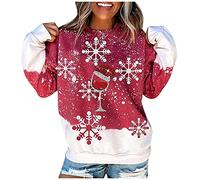 Generisch 2026 Damen Pullover mit O-Ausschnitt, Weihnachtsdruck, klassisches Langarm-Blusen-Sweatshirt (Red, L)